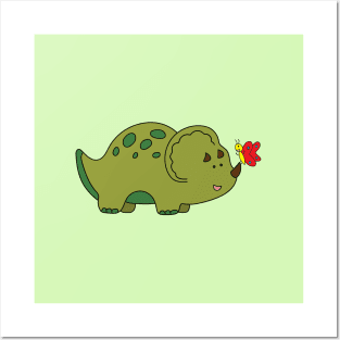 cute green triceratops dinosaur with little butterfly Posters and Art